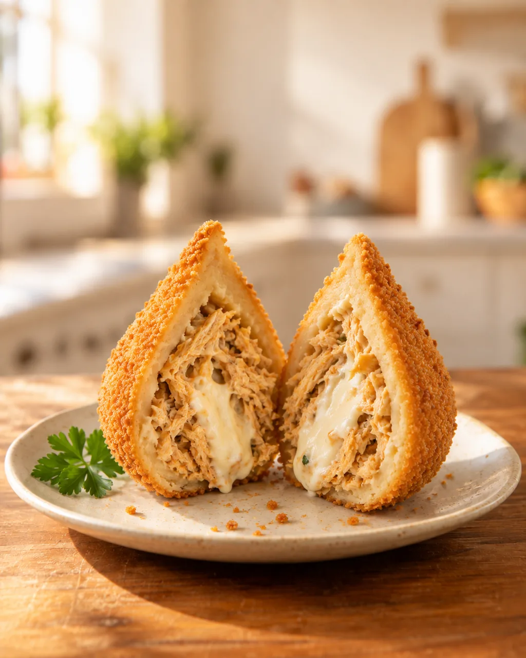 Coxinha de frango com catupiry aberta ao meio (imagem ilustrativa)